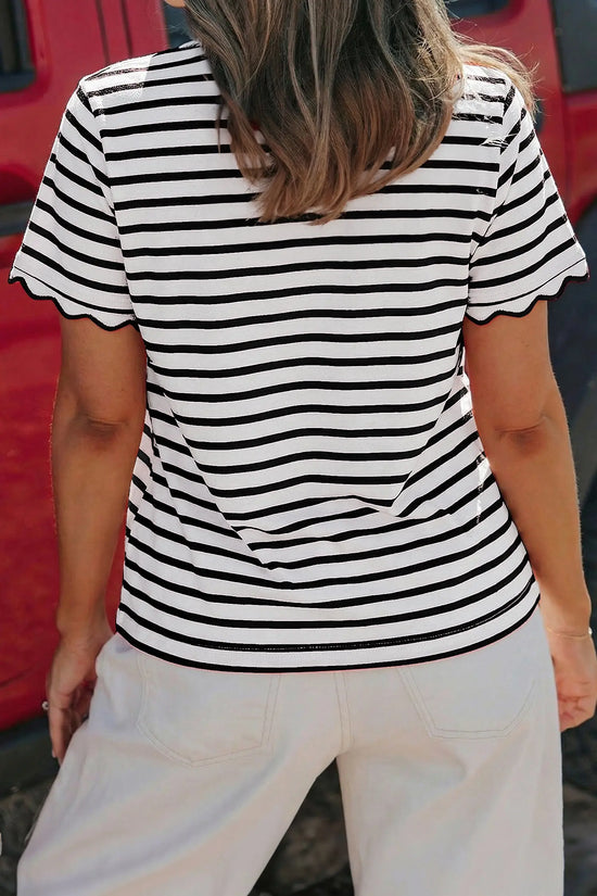 Scalloped trim stripe cotton t-shirt round neck short sleeve t-shirts