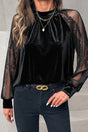 Sheer Lace Velvet Patchwork Stand Neck Blouse Women UK