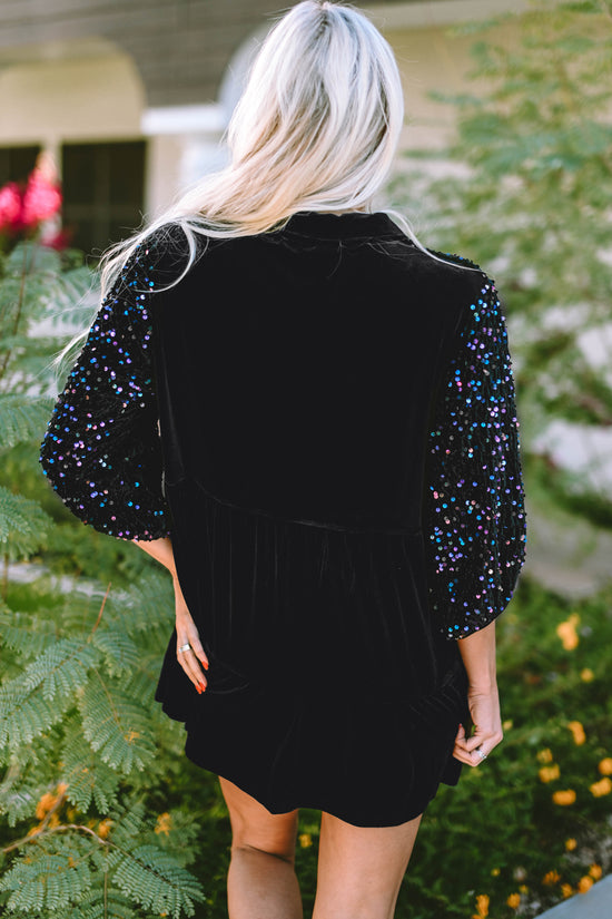 Black Sequin Puff Sleeve Velvet Peplum Shirt