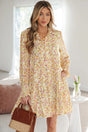 Yellow Floral Frilly Trim Smocked Cuff Long Sleeve Dress Women UK — front view