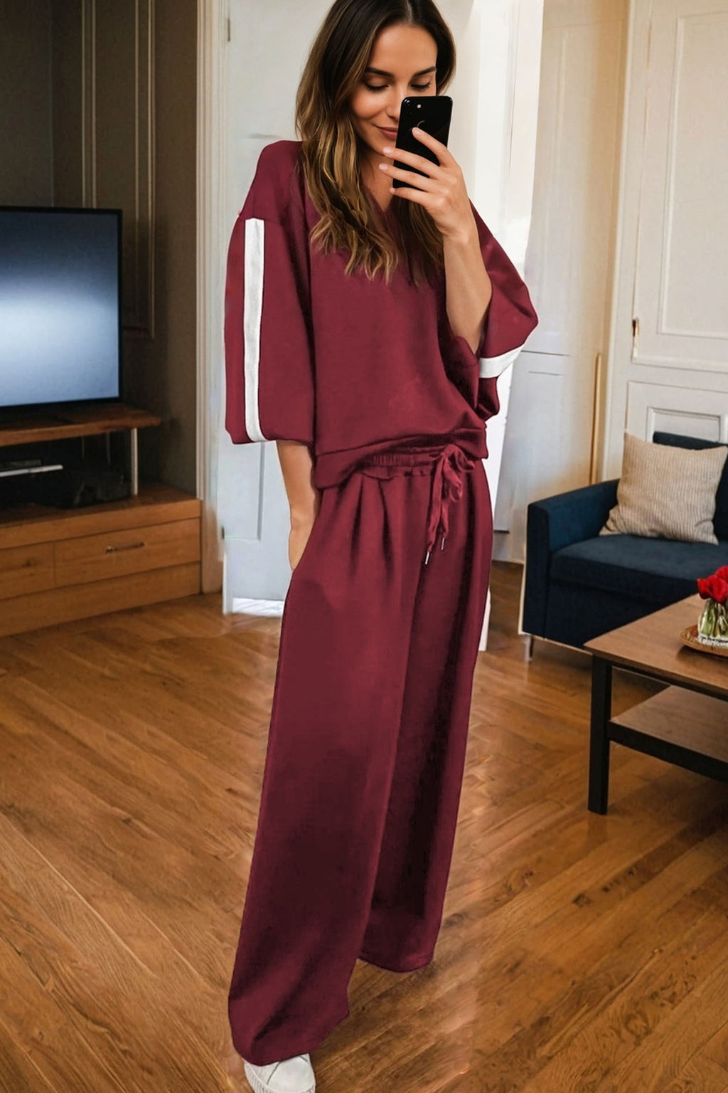 Co-Ord Knitted Wide Leg Jogger - Varsity Stripes Burgundy