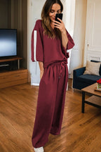 Co-Ord Knitted Wide Leg Jogger - Varsity Stripes Burgundy