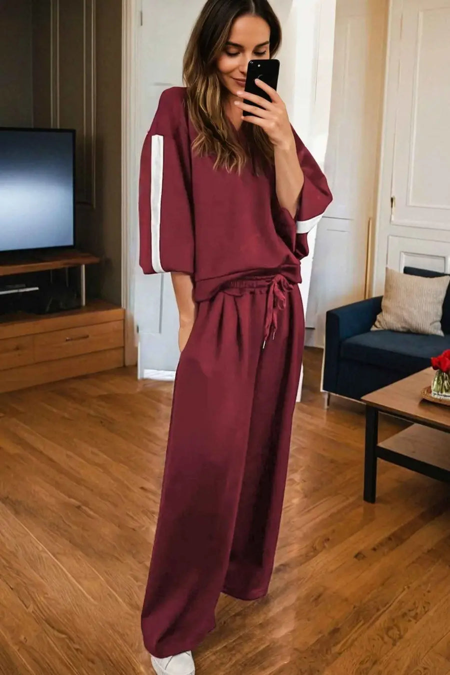 Co-ord knitted wide leg jogger with varsity stripes in burgundy