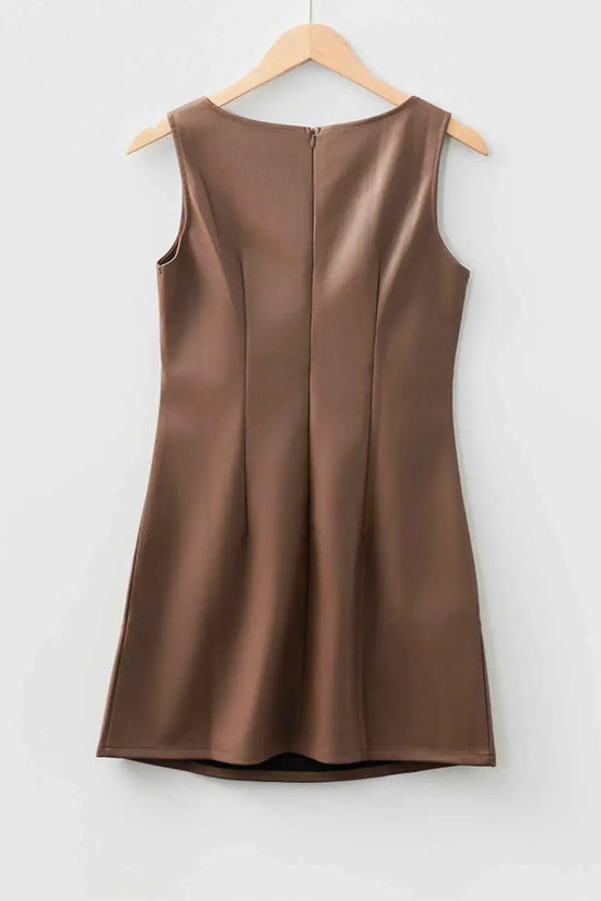 Brown faux leather sleeveless mini dress | fashionfitz