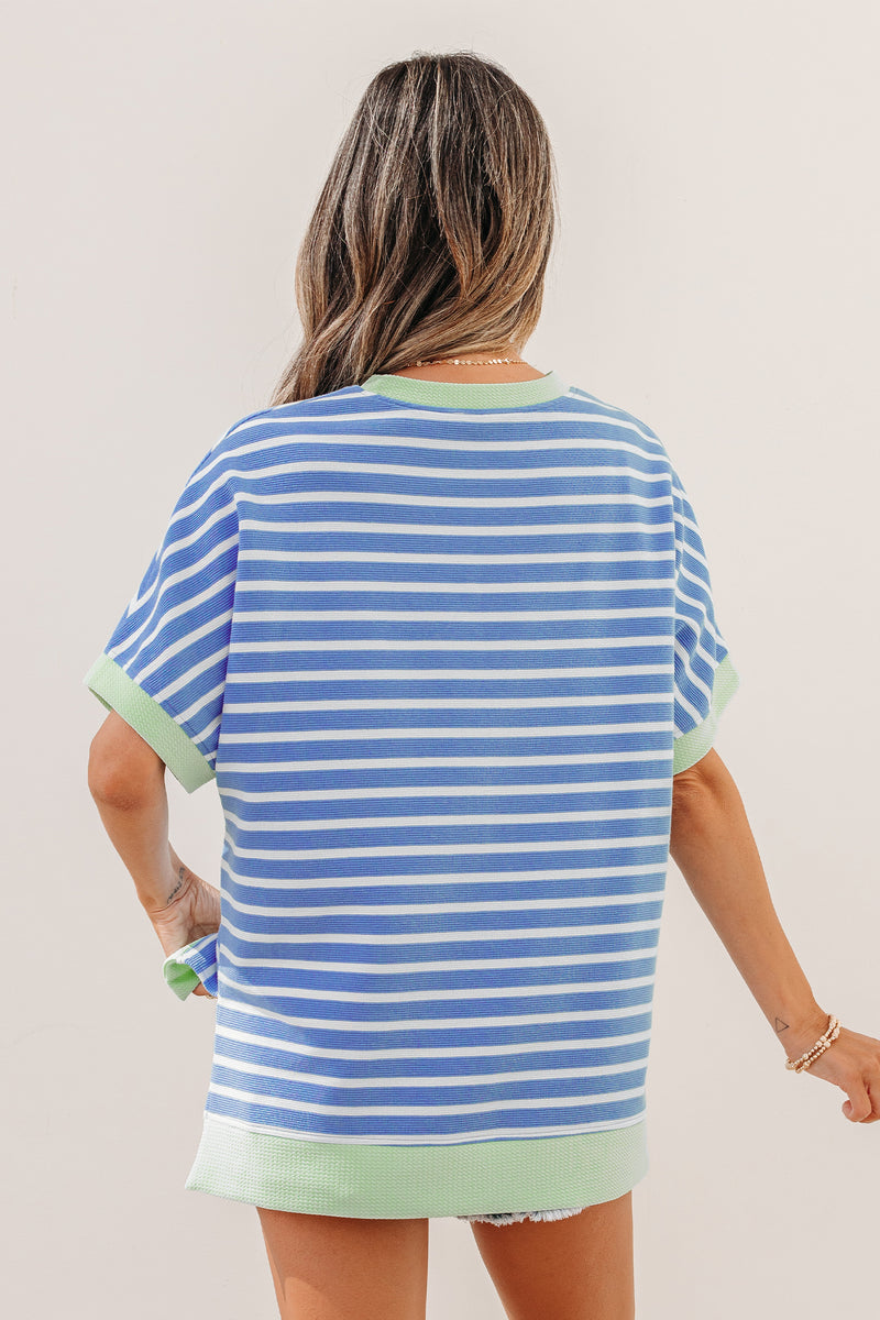 Stripe Contrast Trim Loose Short Sleeve Top Women UK