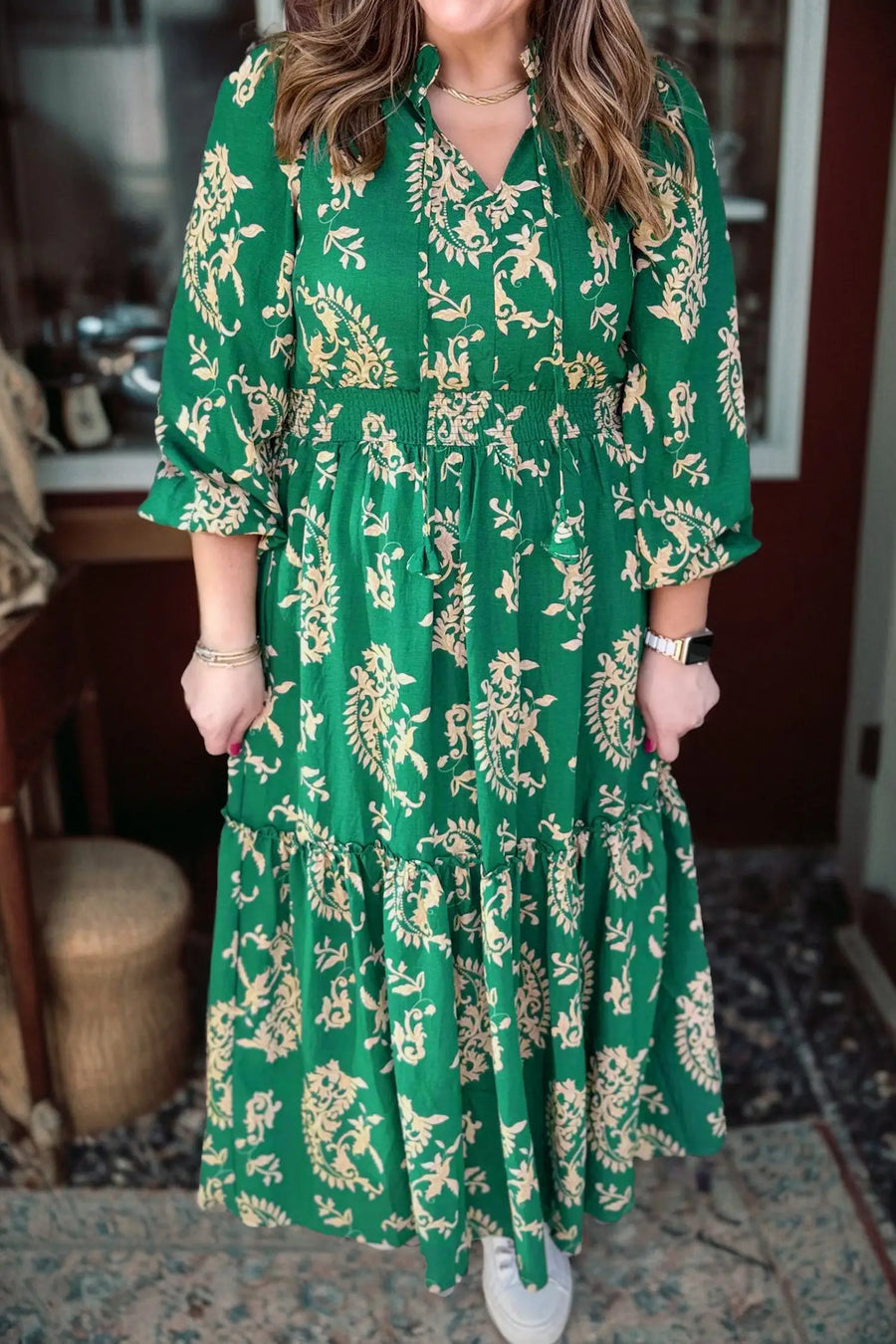 Red Elegant Floral Puff Sleeve Midi Dress Women UK