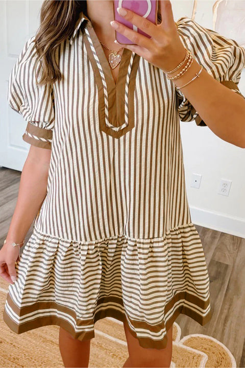 Stripe Shirt Collar Patchwork Ruffle Hem Mini Dress Women UK