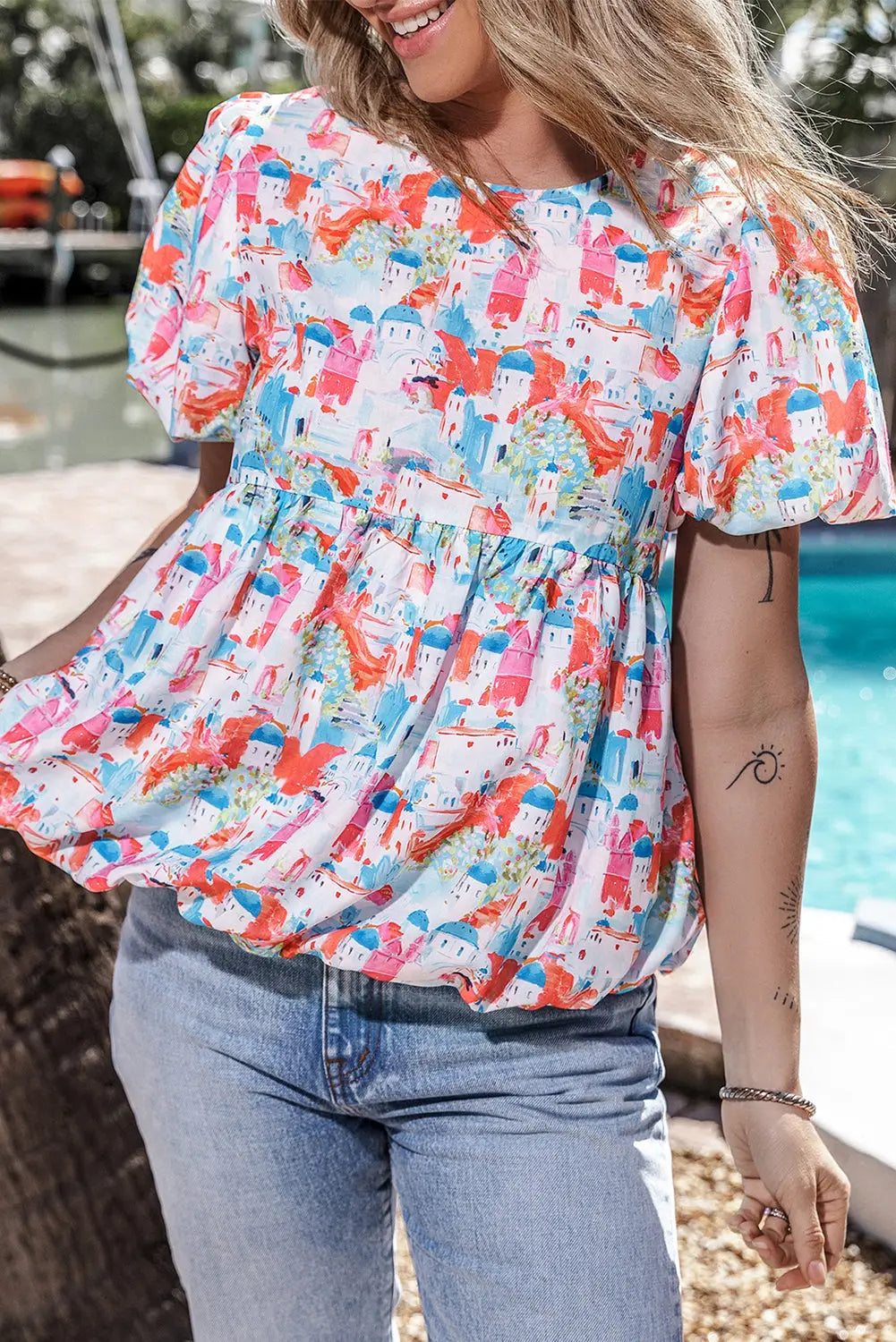 Sky blue parisian avenue babydoll top - women’s tunic blouse