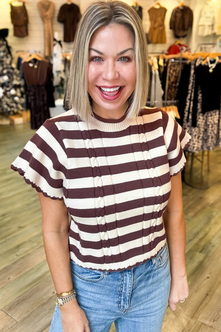 Brown Stripe Ribbed Knit Cable Detail Short Sleeve Sweater