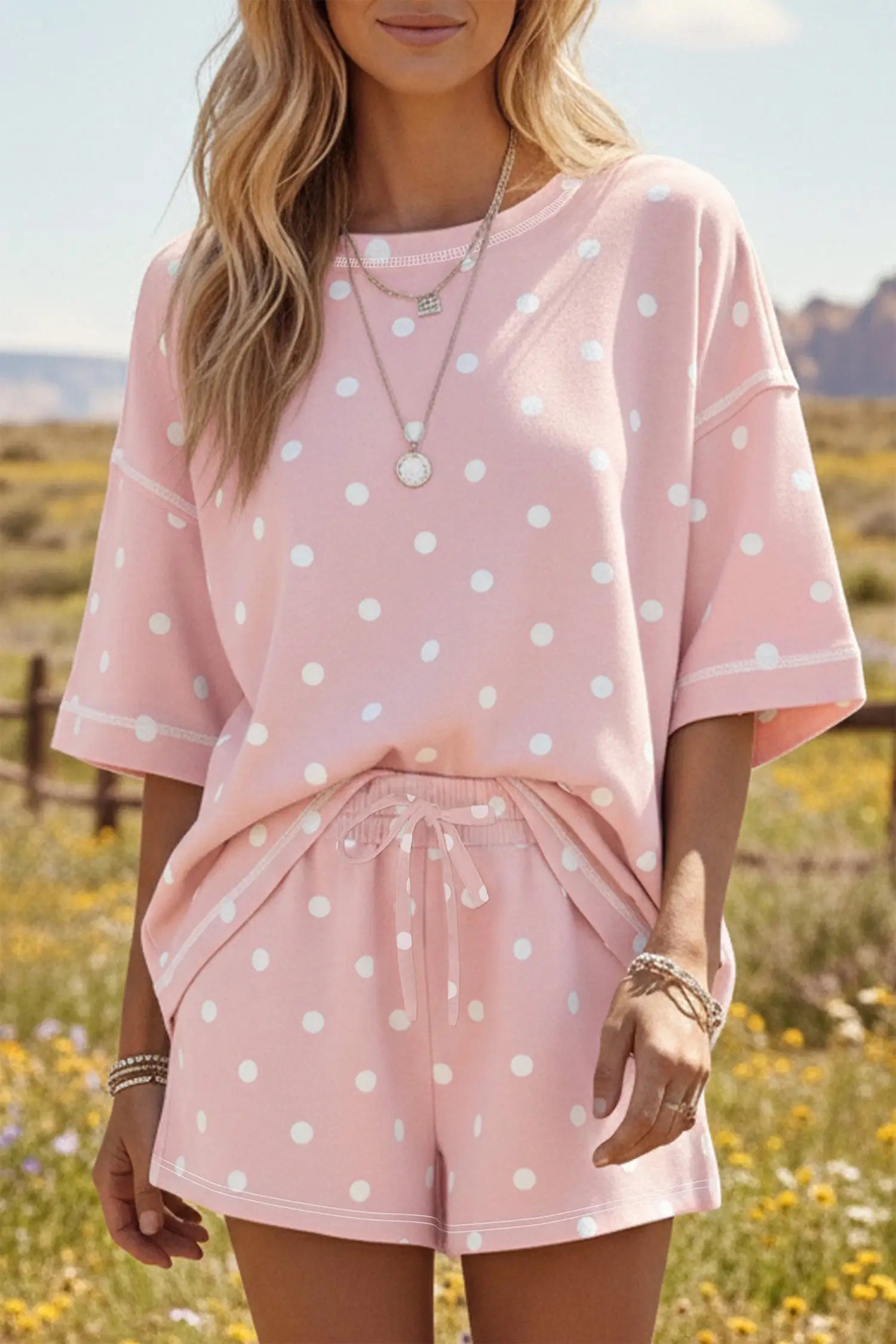 Polka Dot Exposed Seam Loose Tee Drawstring Shorts Two-Piece Set