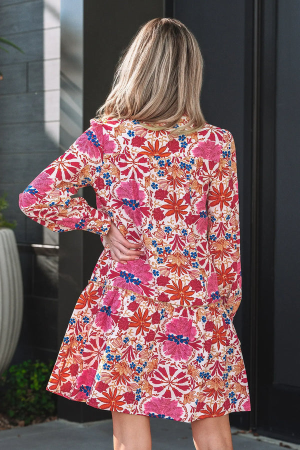 Red Fall Floral Long Sleeve Mini Dress Women UK — back view