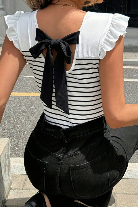 Stripe contrast knot back ruffle trim tank top front view — Fashionfitz UK
