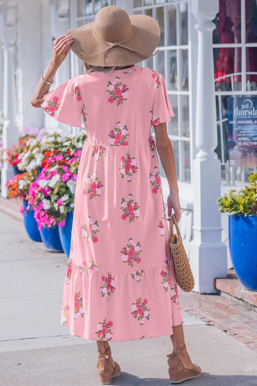 Sky Blue Floral Notched Neck Flutter Short Sleeve Maxi Dress Women UK — full length
