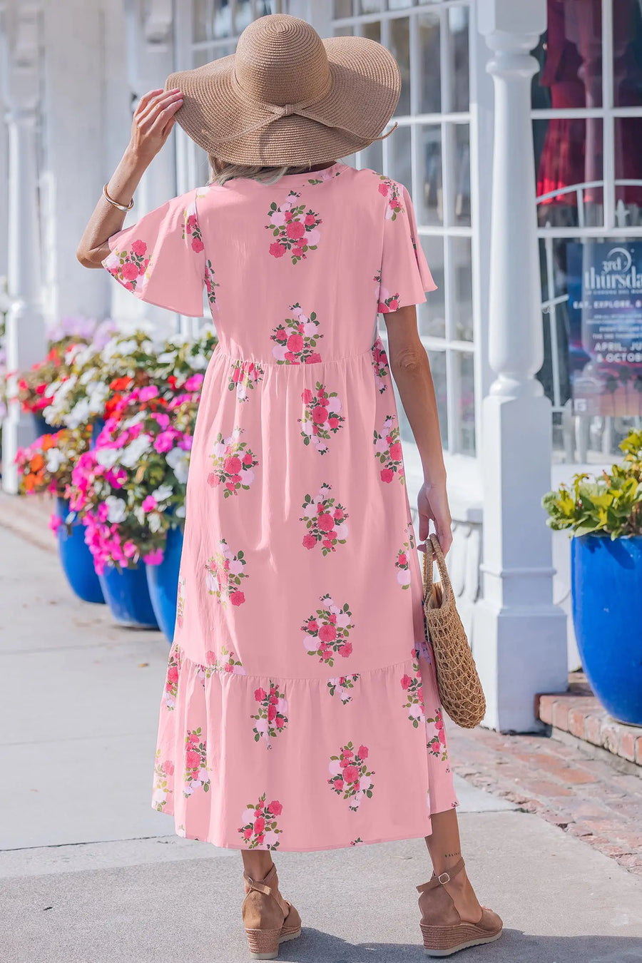 Sky Blue Floral Notched Neck Flutter Short Sleeve Maxi Dress Women UK — full length