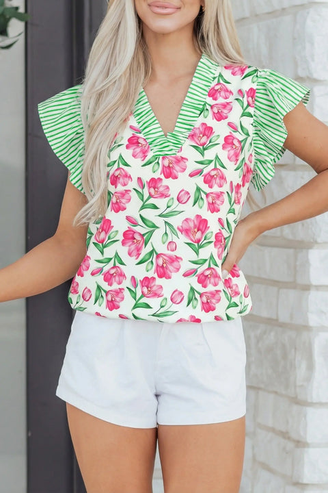 Multicolour sweet floral print striped ruffle trim v neck blouse blouses