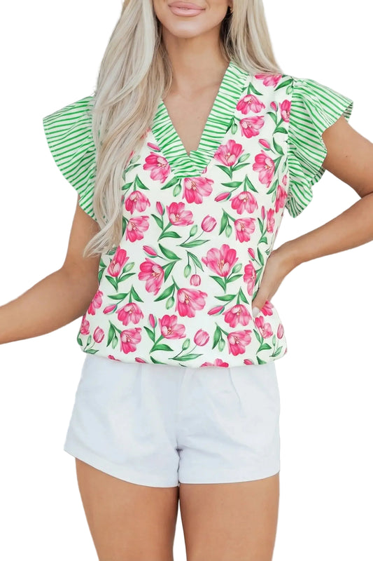 Multicolour sweet floral print striped ruffle trim v neck blouse