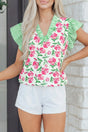 Multicolour Floral Striped Ruffle Trim V-Neck Blouse Women UK — front view showing sweet floral stripe and ruffle trim — Fashionfitz