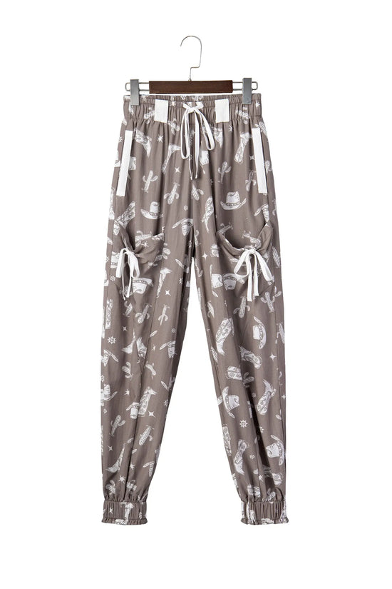 Western print vintage drawstring elastic hem jogger trousers with pockets joggers