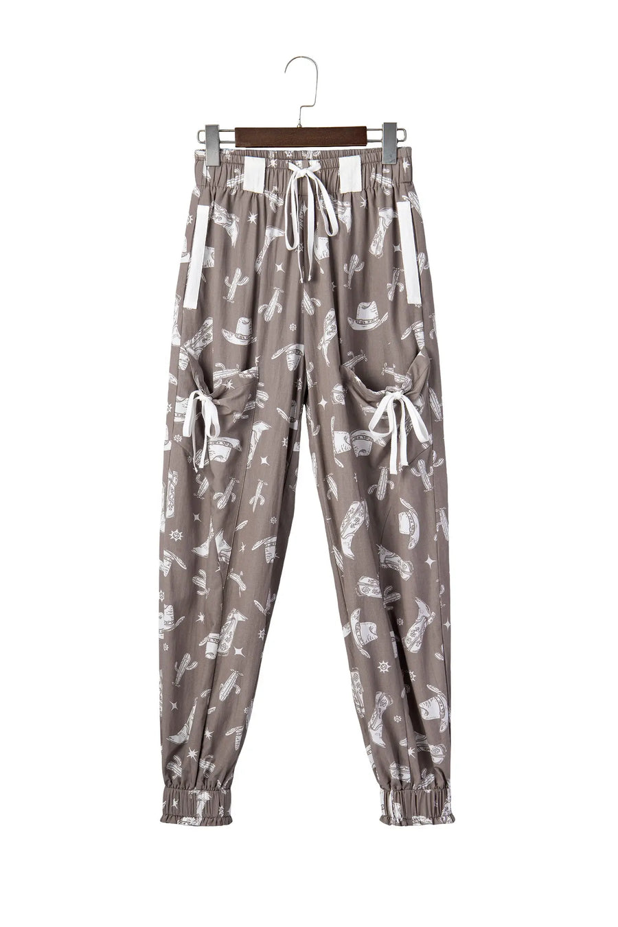 Western print vintage drawstring elastic hem jogger trousers with pockets joggers