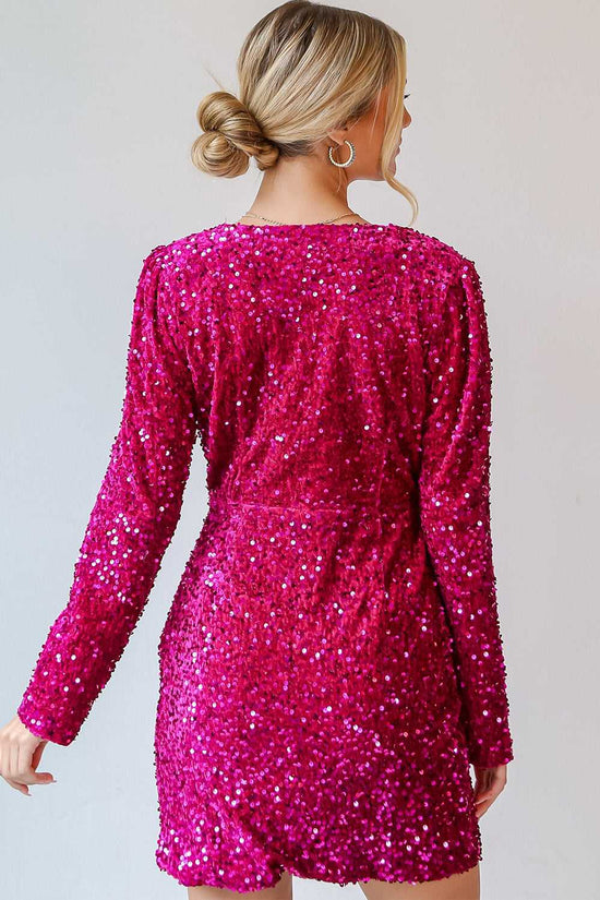 Back view of Pink Velvet Sequin Night‑Out Dress showing fitted silhouette and full sequin detail, a chic choice for evening wear.