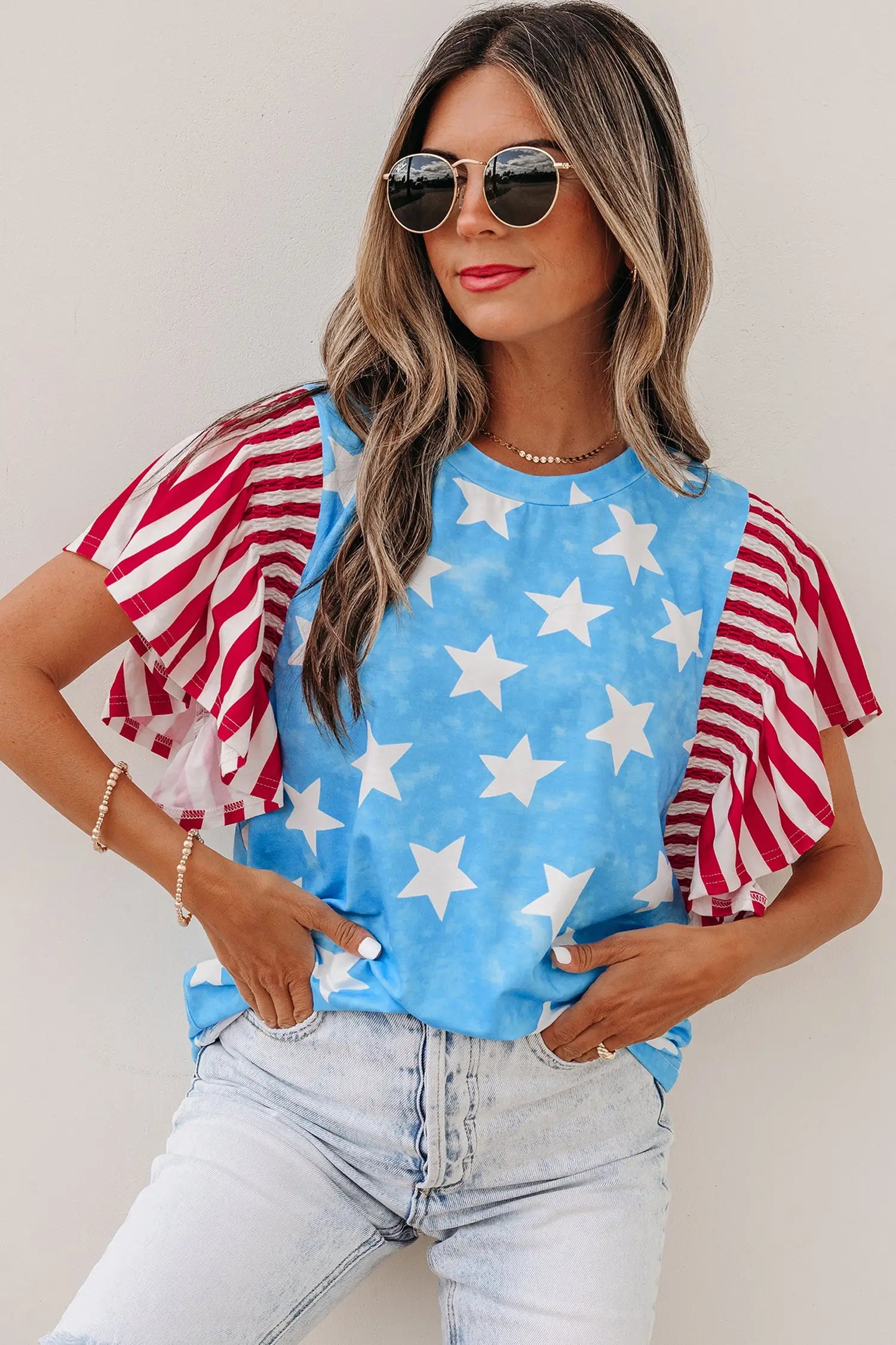 Sky blue vintage star print striped ruffle sleeve top blouses