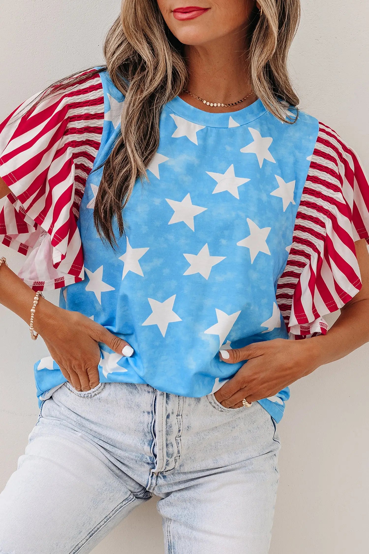 Sky blue vintage star print striped ruffle sleeve top blouses
