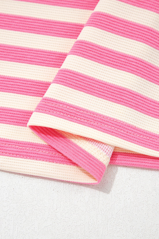 Stripe Contrast Trim Polo Collar Ruffled Short Sleeve Blouse