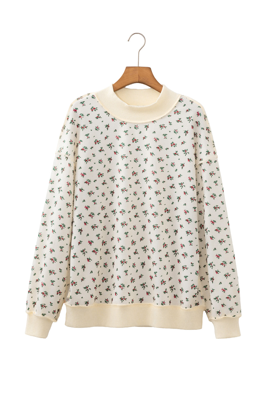 Beige Ribbed Floral Patchwork High Neck Baggy Sweatshirt