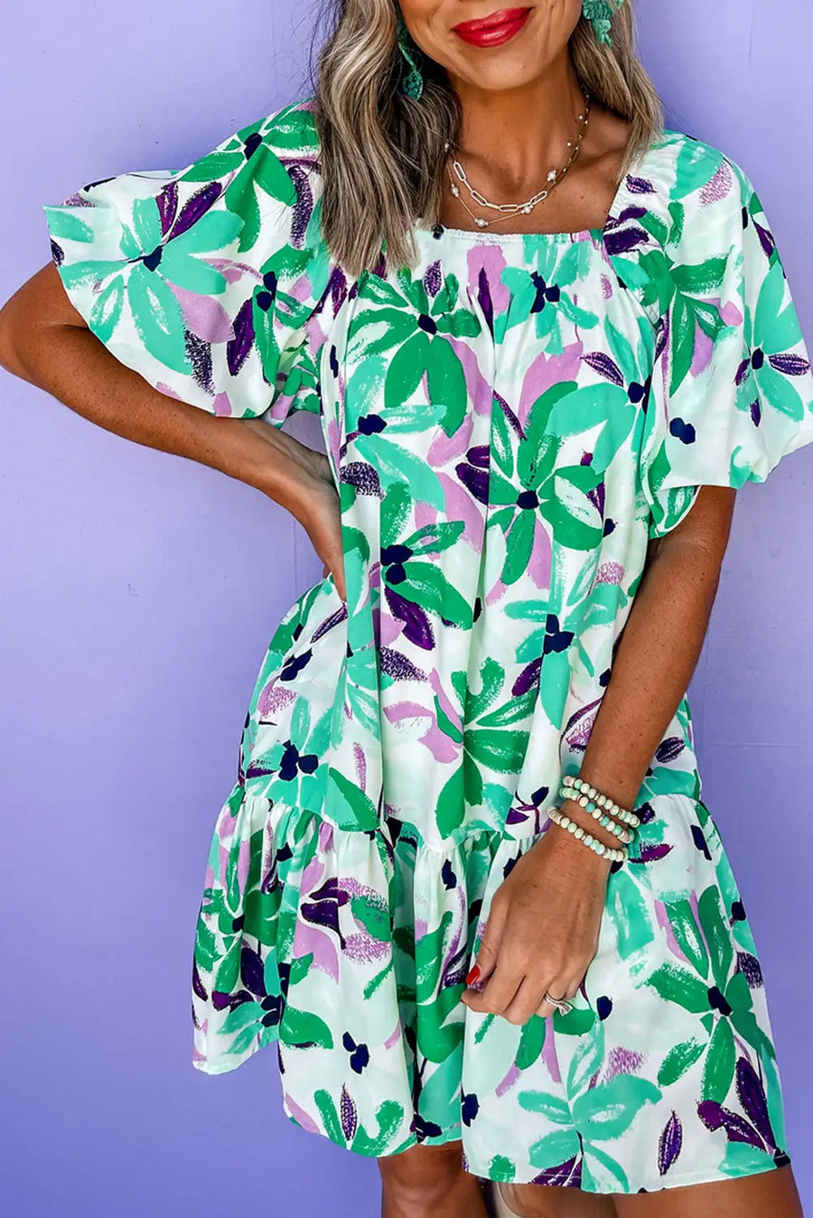 Green Floral Shirred Square Neck Loose Fit Mini Dress Women UK