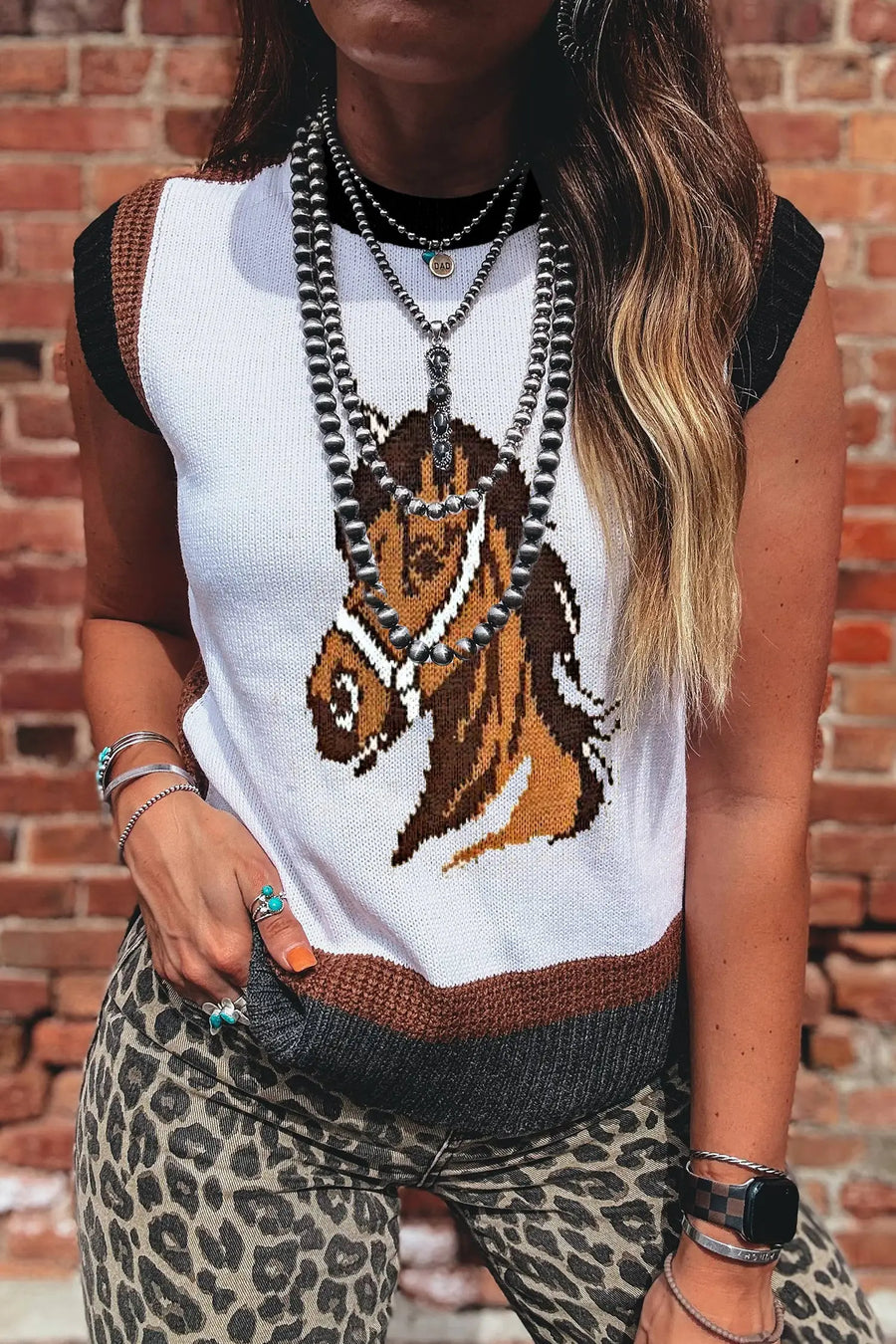 White western horse head print sweater vest colour block trim sleeveless sweaters