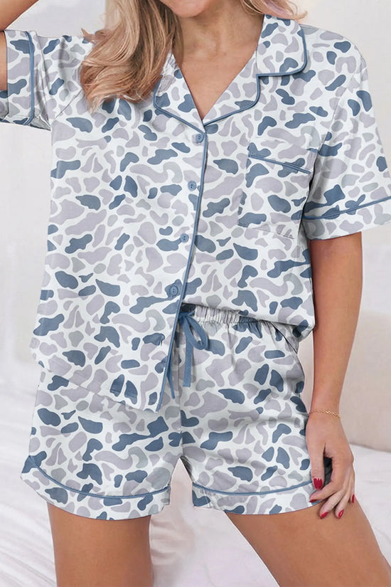 Camouflage print lapel shirt & shorts 2-piece pyjama set beige pajamas