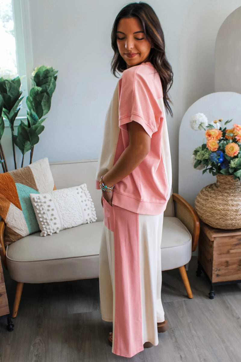 White Colorblock Patchwork Tee Drawstring Loose Pant 2-Piece Set Women UK