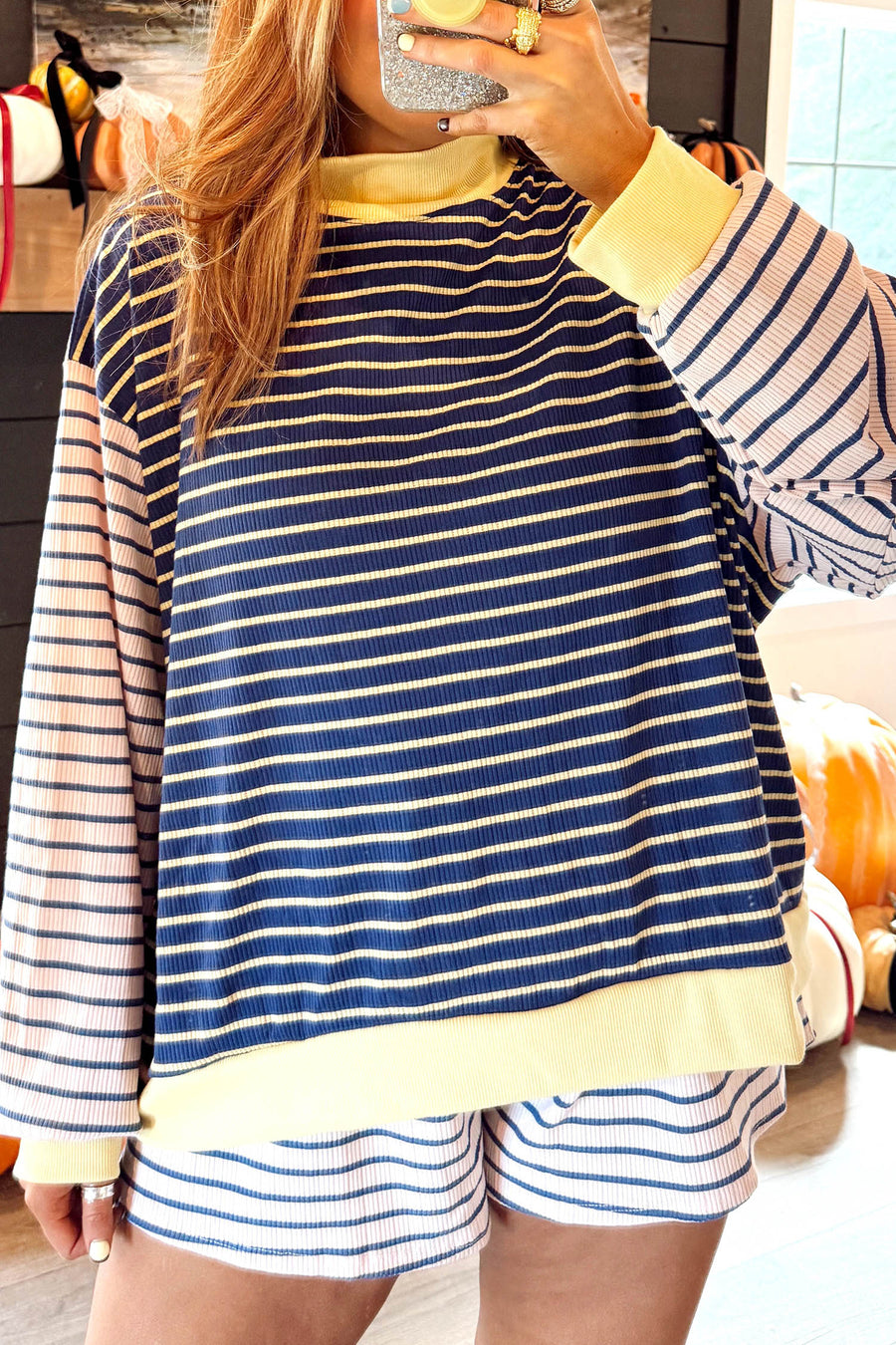 Stripe Colour Block Ribbed Knit Shorts Set