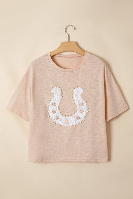 Lace Horseshoe Pearl Bead Graphic Western Short Sleeve Tee