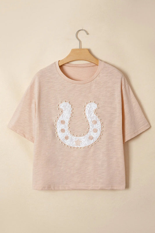 Women's western graphic tee back view pearl bead casual summer