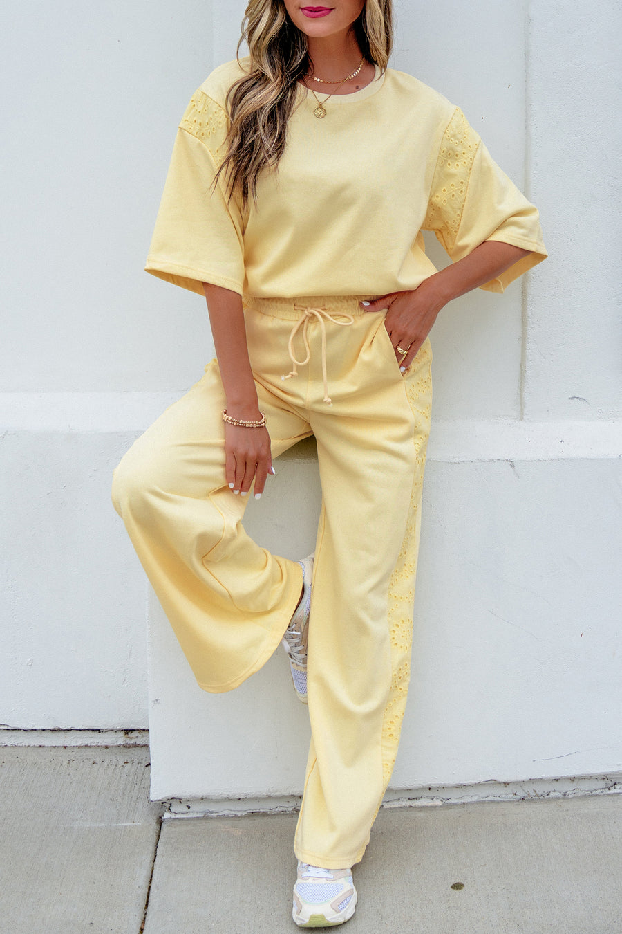 Lace Patchwork Half Sleeve Top & Wide Leg Pants Two Piece Set