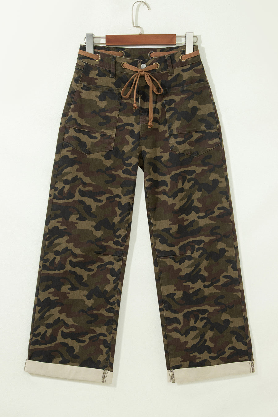 Multicolour Camouflage Print Retro Grommet Tie Waist Loose Jeans