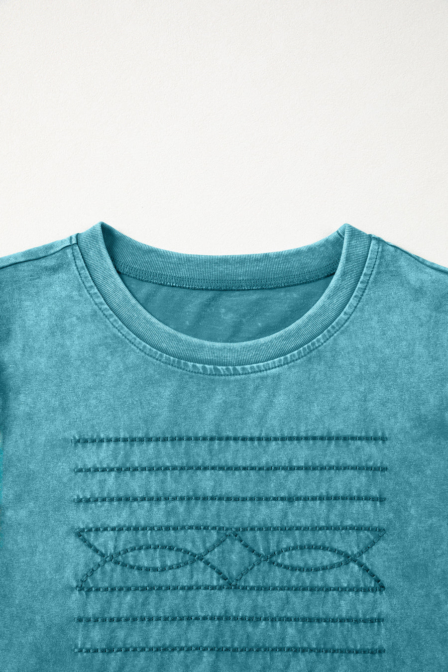 Mineral Wash Western Embroidered Puff Sleeve Cotton Tee — fabric texture detail | Fashionfitz UK
