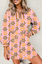 Pink Floral Zip Neck Striped Patchwork Drawstring Dress Women UK — front view