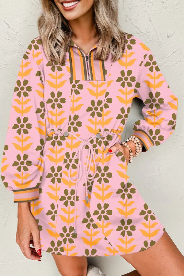 Pink Floral Zip Neck Striped Patchwork Drawstring Dress Women UK — front view