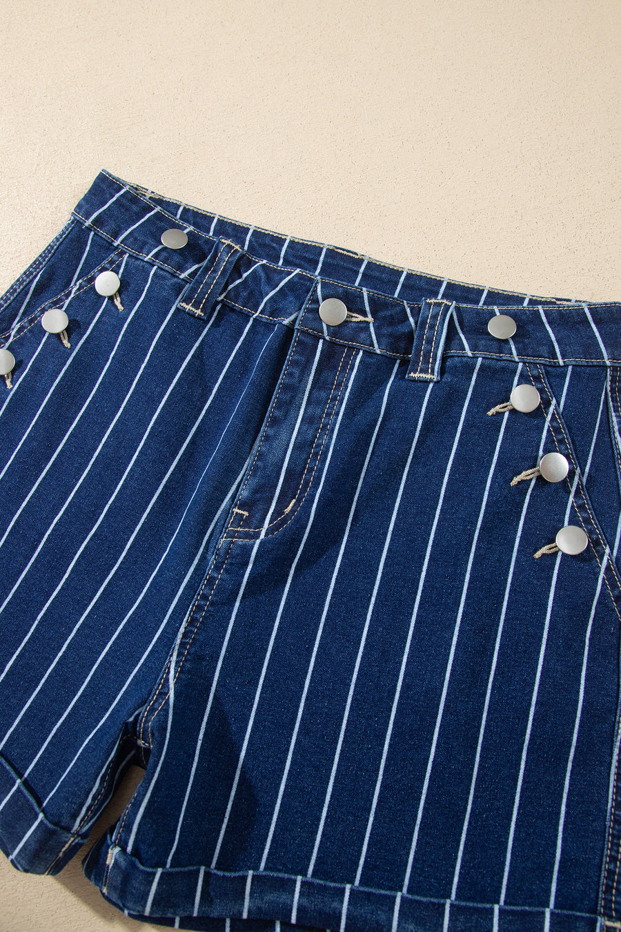 Striped Metal Button High Waist Denim Shorts Women UK