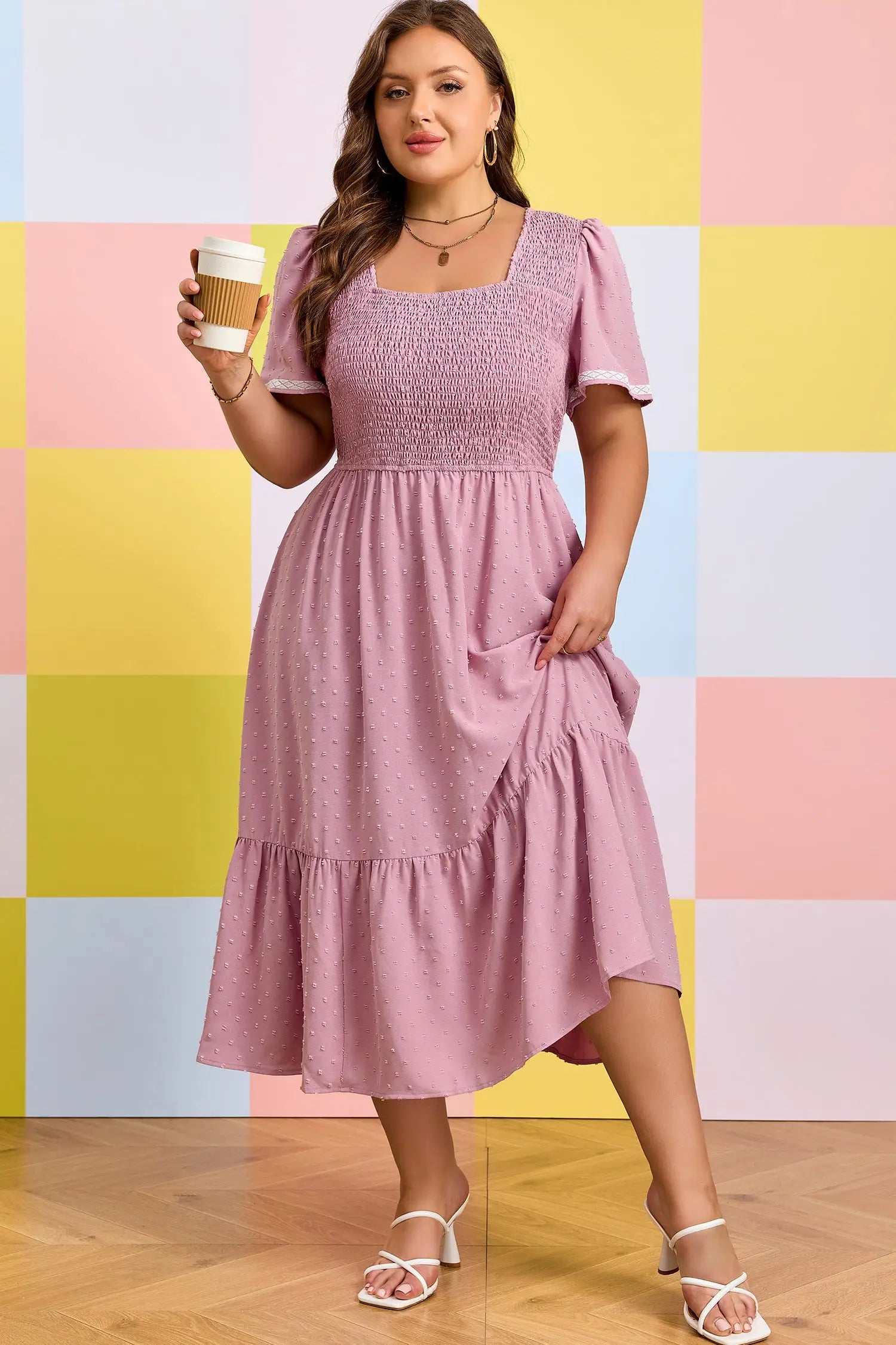 Curve swiss dot smocked midi dress dresses