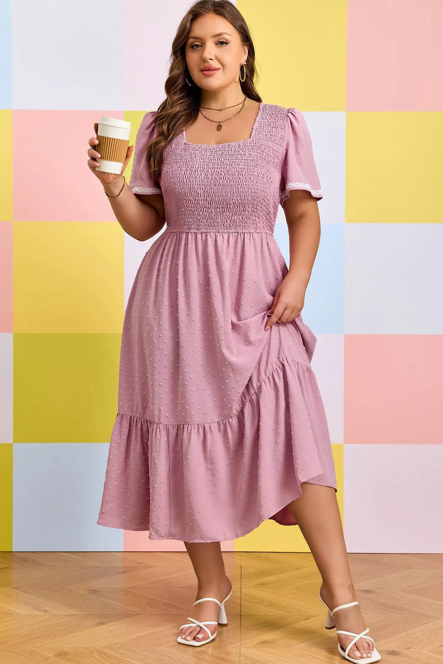 Curve swiss dot smocked midi dress dresses