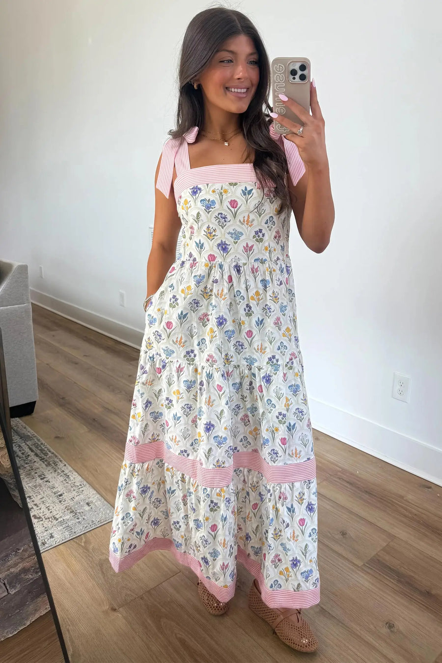 Multicolour Floral Striped Knot Strap Maxi Dress Women UK
