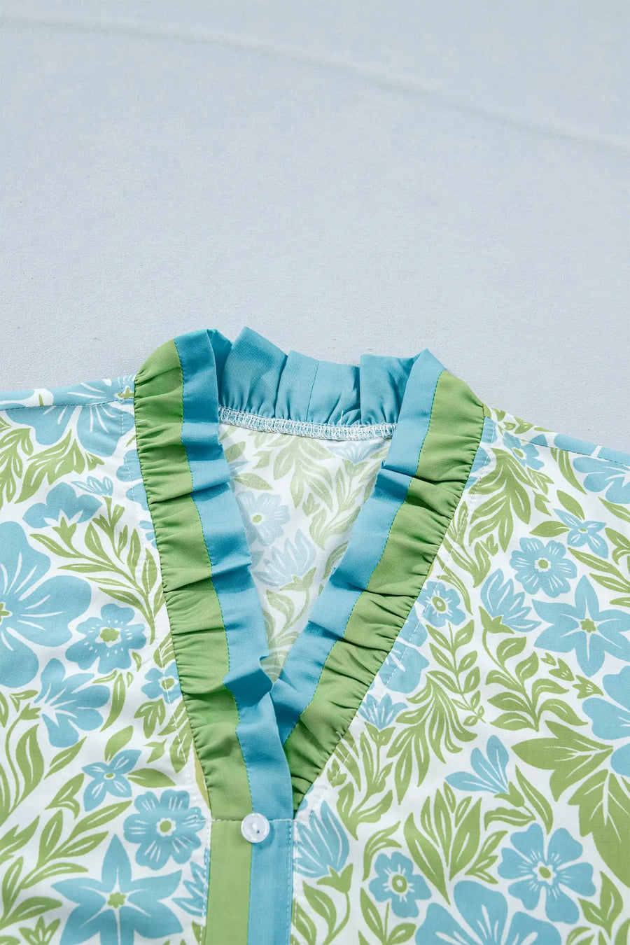 Sky Blue Botanical Floral Frilled Trim Button Front Dress Women UK