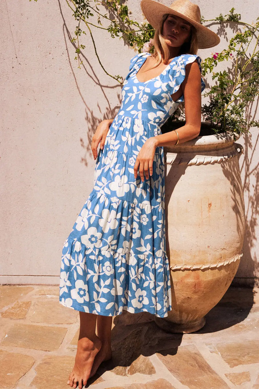 Sky Blue Floral Flutter Shoulder Tiered Midi Dress Women UK