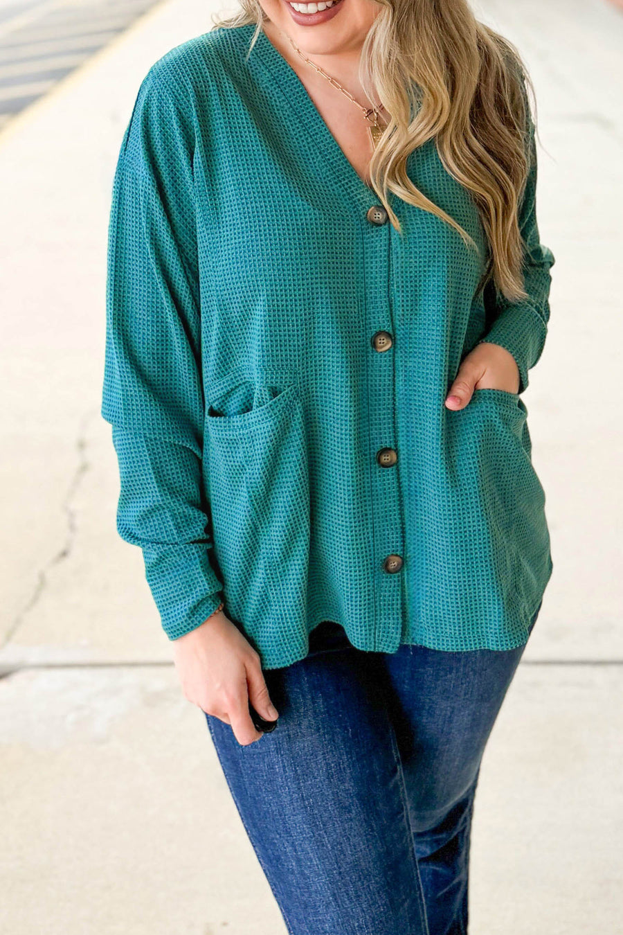 Plus Size Waffle Tunic V Neck Button Cardigan Women UK