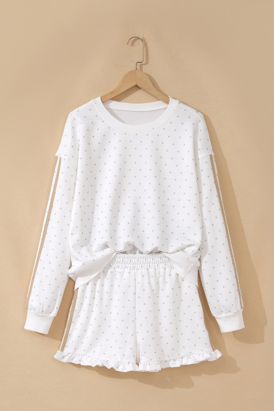 White Polka Dot Stripe Casual Sweatshirt & Shorts Set
