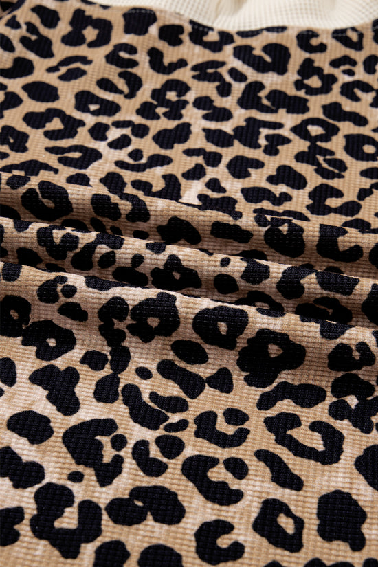 Leopard Print Waffle Knit Kangaroo Hoodie