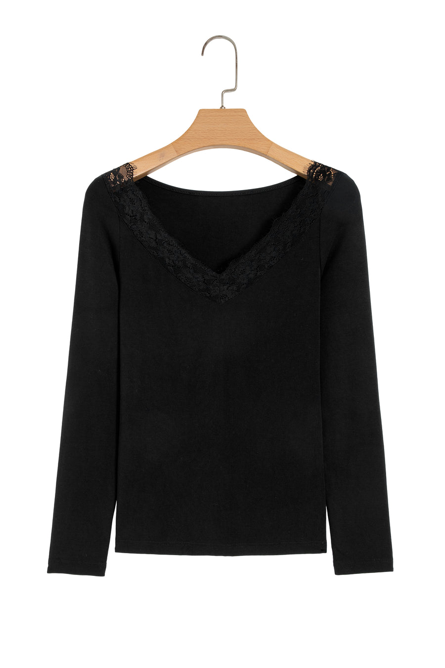Lace Trim Elegant Neckline Long Sleeve Slim Top Women UK